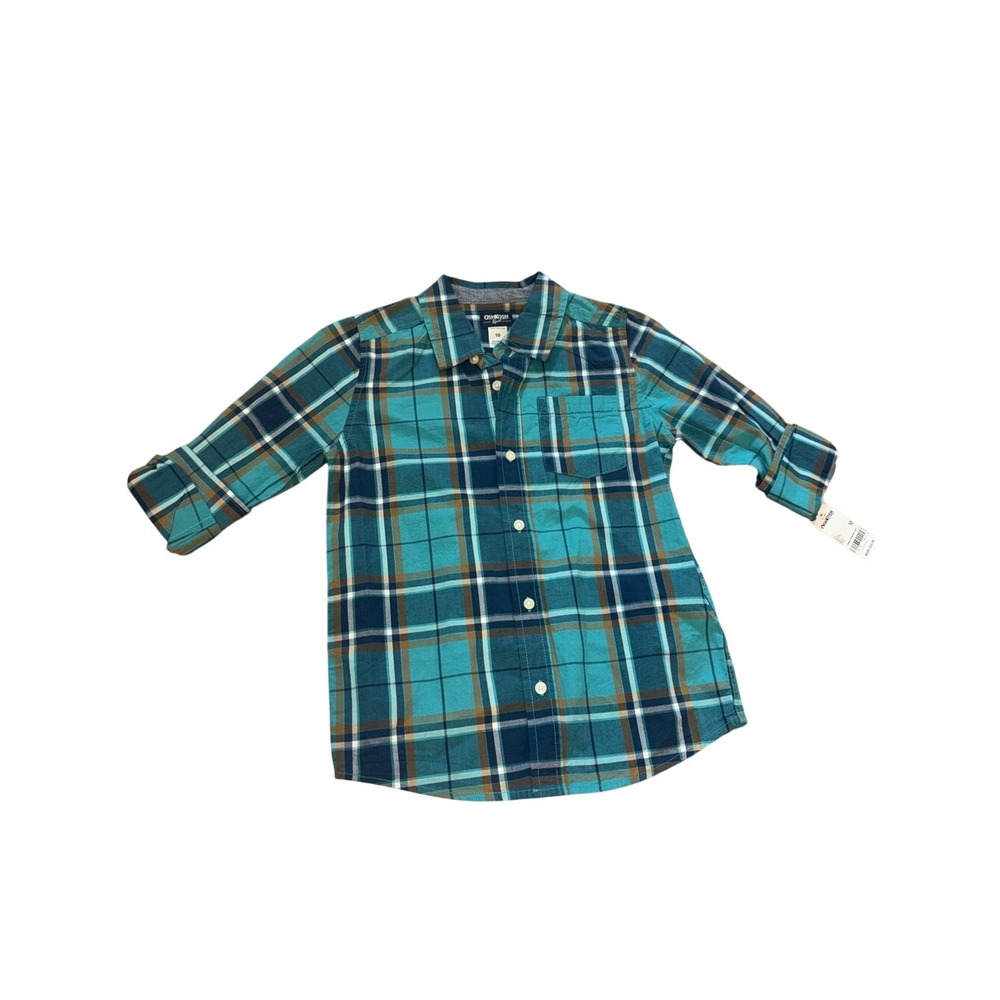 OshKosh B'gosh Teal Plaid Button-Down Shirt NWT size 10 fall blue roll sleeve